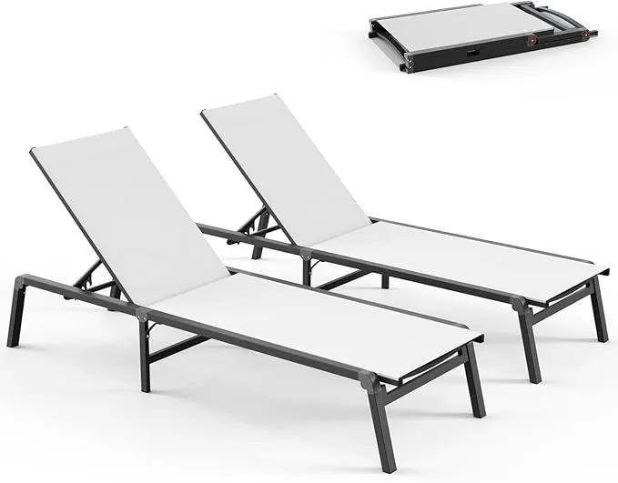 Pool Lounge Chairs Set of 2, Foldable Aluminum Chaise Lounge Outdoor with 5 Positions Recliner - Free Assembly - Patio Chaise Lounge Chair for Poolside, Beach, Yard (White, 2 Pack) by GreenHaven Gardens