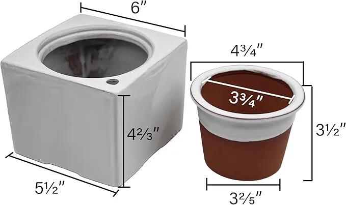 Ceramic African Violet Self Watering Pot 6 Inch Square Pot 3.5 Inch Innter Pot Easy Fill Water Reservoir White by GreenHaven Gardens