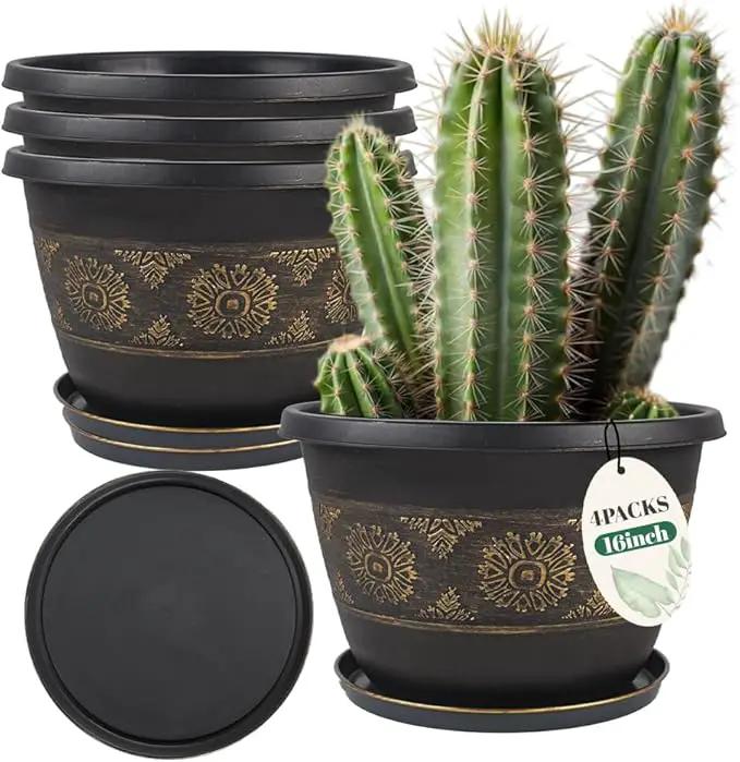 4 Pack 16 inch Plant Pots, Retro Pattern Planters with Drainage Holes and Saucer, Sturdy Plastic Garden Flower Pots for Indoor & Outdoor Plants by GreenHaven Gardens
