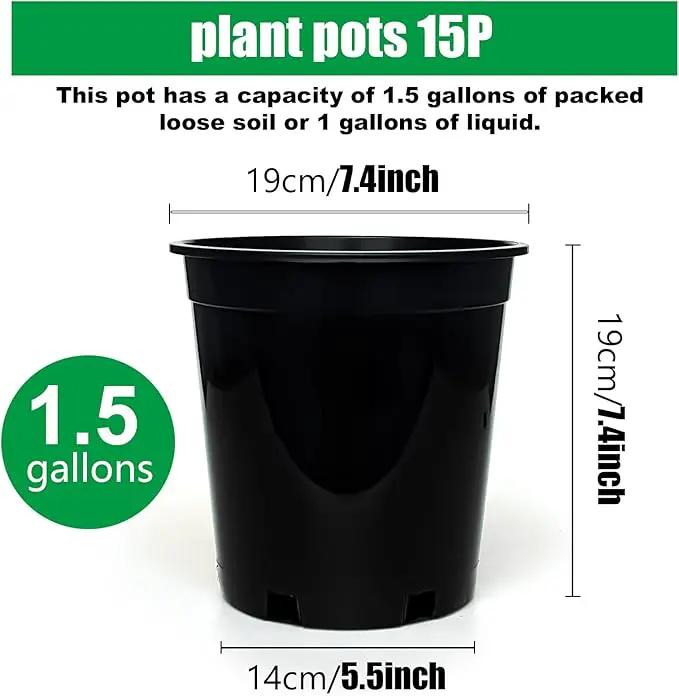 1.5 Gallon Plastic Nursery Pots, 7.5 Inch Round Plant Pots with Drainage Holes, 15 Pack Flower Pots for Outdoor Indoor Plants, Flowers, Black by GreenHaven Gardens