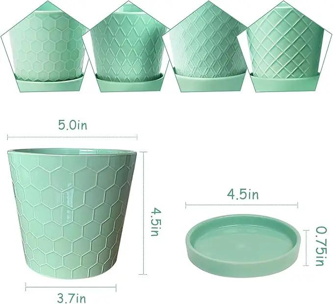 EFISPSS Flower Planter –5 inch Ceramic Plant Pots with Drainage Holes and Ceramic Tray - Gardening Home Desktop Office Windowsill Decoration Gift Set of 4 - Plants NOT Included by GreenHaven Gardens