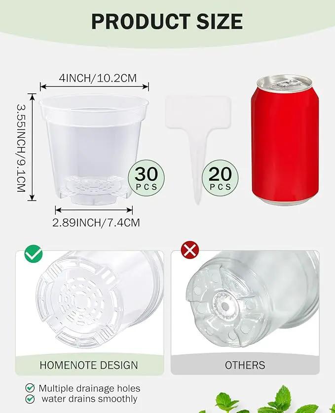homenote Clear Nursery Pots for Plants,4 Inch Plant Pot for Planting Plastic Seedling with Drainage Holes Seed Starter Flower High Transparency with 20 Labels (30 Pack) by GreenHaven Gardens