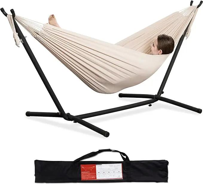 PNAEUT Double Hammocks with Stand for Outside, Portable Space Saving Heavy-Duty Steel Stand for Indoor Outdoor Patio with Carrying Bag, 450 lbs Capacity (Beige) by GreenHaven Gardens