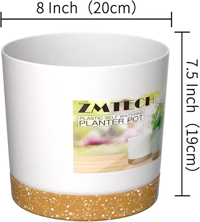 ZMTECH Plant Pots, Set of 3 8'' Self Watering Plastic Planter with Drainage Hole and Saucer, Modern Decorative Flower Pot for Indoor Outdoor House Plants, Succulents, Flowers - White by GreenHaven Gardens