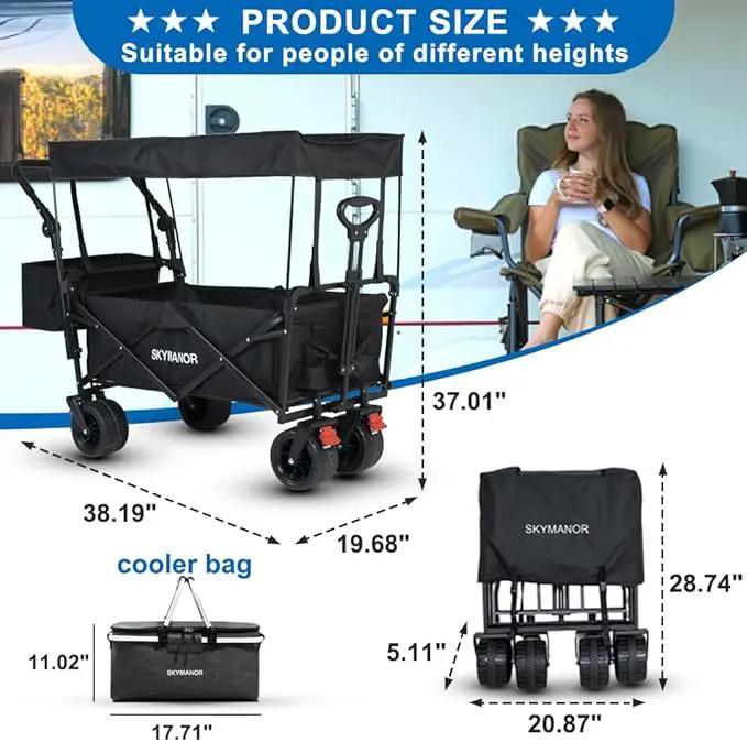 SKYMANOR Collapsible Wagon with Removable Canopy, 3-in-1 Heavy Duty Garden Cart with Big All-Terrain Wheels, Brakes, Adjustable Push Pull Handle, Cooler Bag, 300LBS Wagon Cart for Camping (Black) by GreenHaven Gardens