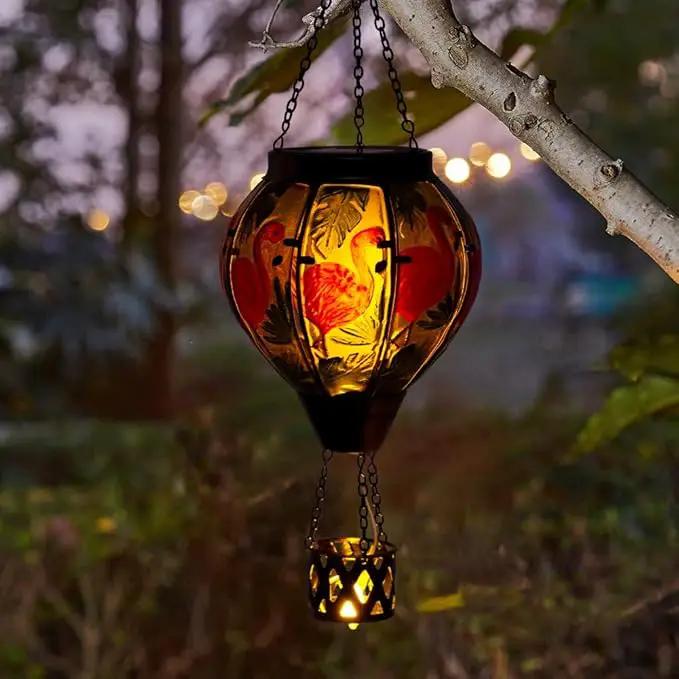 Flamingo Solar Hot Air Balloon Flickering Flame Hanging Garden Light,Glass Hot Air Balloon Solar Lanterns Outdoor Waterproof for Patio Tree Yard Decor,Flamingo Lantern Birthday Gifts for Women by GreenHaven Gardens