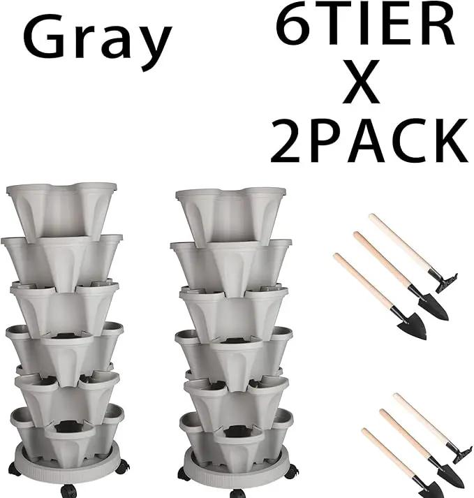 Vertical Planter 6 Tier Stackable Planters Garden Planters Strawberry Herb Flower and Vegetable Planter Indoor Outdoor Gardening Pots with Removable Wheels and Tools 2-Pack by GreenHaven Gardens