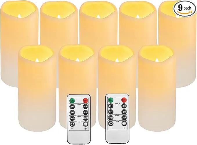 Flickering Flameless LED Candles with 10-Key Remote & Timer, Waterproof Outdoor Indoor f Battery Operated Candles for Home/Wedding/Festival Décor Set of 9 (D3 x H5.5) Ivory by GreenHaven Gardens