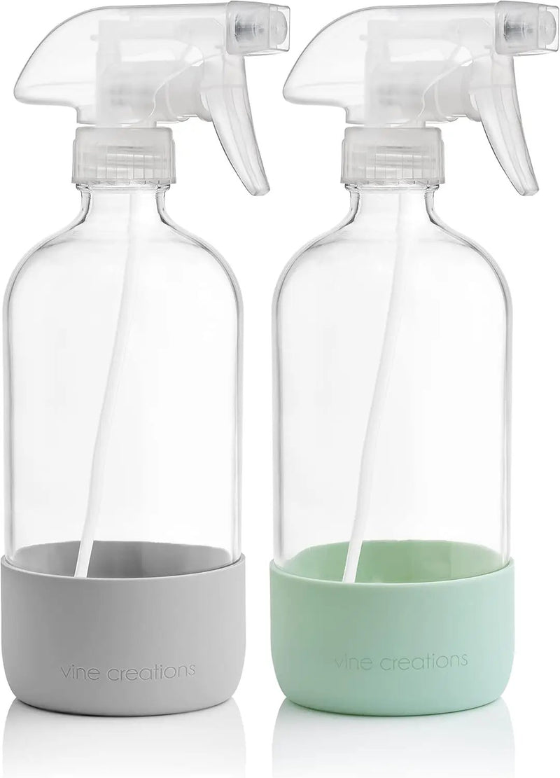 Vine Creations Glass Spray Bottles for Cleaning Solutions, Clear Glass Spray Bottle with Silicone Sleeve, 16 oz Empty Spray Bottles for Cleaning, Plant Spray Bottle, Mist and Stream Nozzle - 2 Pack by GreenHaven Gardens