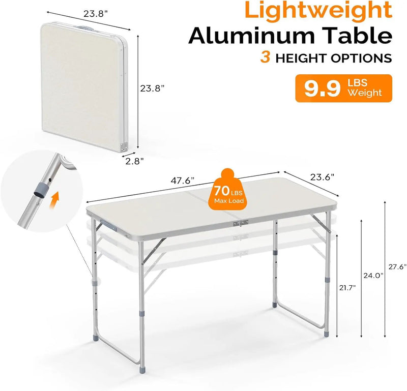 VINGLI 4FT White Folding Table with Carrying Handle Height Adjustable Lightweight Fold Up Portable for Indoor Outdoor Picnic,Camping,Hiking,Fishing,BBQ … by GreenHaven Gardens