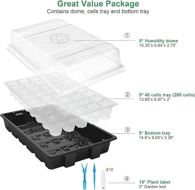 MIXC Seedling Trays Seed Starter Tray, 5-Pack Mini Propagator Plant Grow Kit Greenhouse with Humidity Vented Domes and Base for Seeds' Starting (40 Cells Per Tray, Total 200 Cells), Black by GreenHaven Gardens