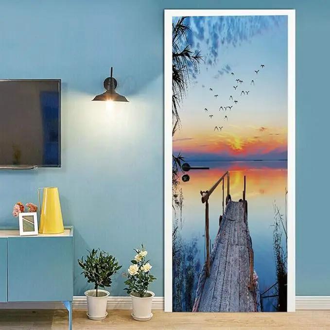 3D Pier Door Stickers - Blue PVC Waterproof Peel & Stick Wall & Door Decals - 37.4" x 84.6" - 2 Pieces by GreenHaven Gardens