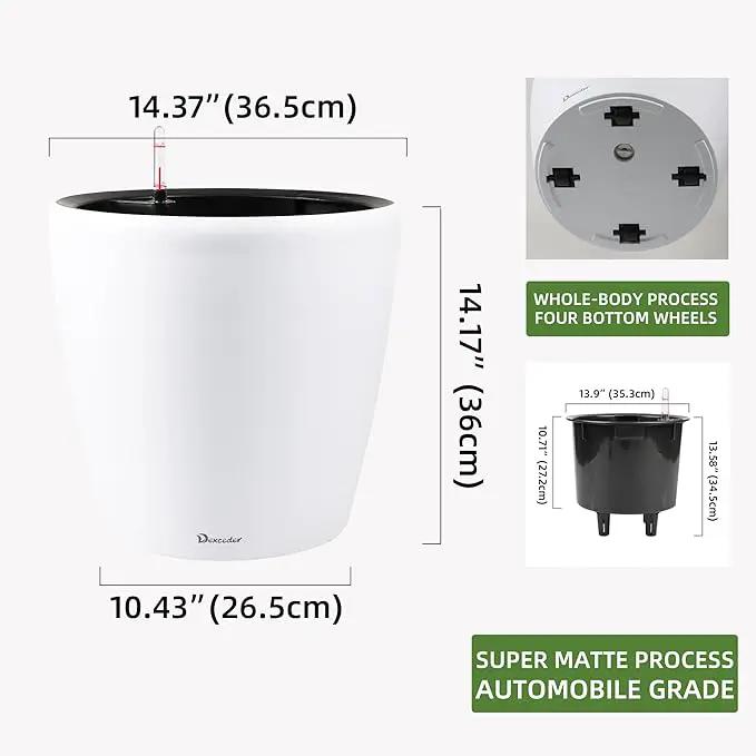 Dexceder 15x14 Self Watering Planter with Wheels Indoor Outdoor, Inner Pot Design, Thickened Large Floor Standing Flower Plant Pot with Water Level Indicator (White Matte) by GreenHaven Gardens
