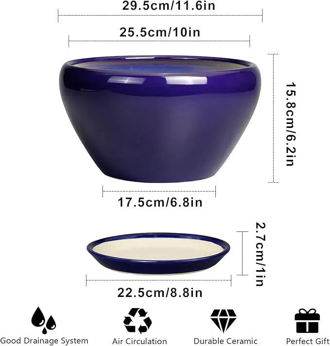 Ceramic Planter Pot 11 Inch - Indoor Planter Pot for Plants with Drainage Hole and Saucer Large Planter Round Outdoor Flower Pot Mid-Century for House Patio Decor Blue by GreenHaven Gardens