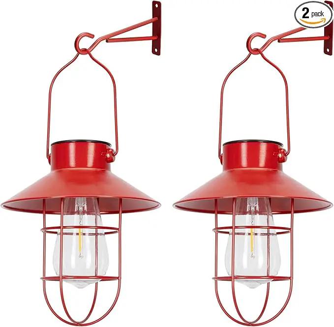 pearlstar Solar Lanterns Outdoor Christmas Metal Solar Powered Hanging Lights Waterproof for Wall Barn Yard Garden Patio Garage Balcony Porch Fence Decor, Warm White Edison Bulb (Red-2pack) by GreenHaven Gardens