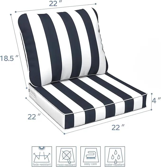 LVTXIII Outdoor Deep Seat Cushion Patio Seat and Back Cushion Set Seasonal Chair Cushion with Removable Cover and Adjustable Buckle for Home and Garden, 22"x22"x4", Cabana Navy by GreenHaven Gardens