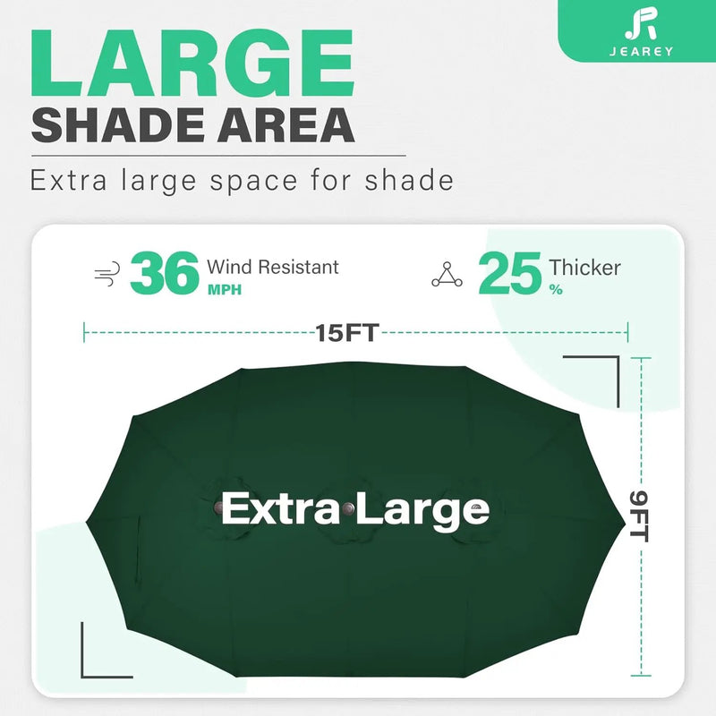 JEAREY 15FT Patio Umbrella Large Outdoor Umbrella Extra Double-Sided Market Umbrella with Crank Handle for Garden, Deck, Backyard and Pool, Dark Green by GreenHaven Gardens