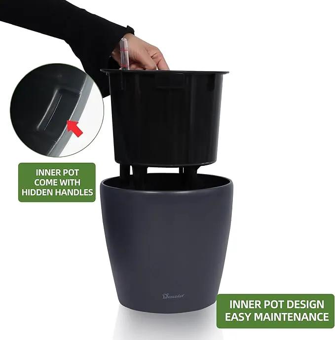 Dexceder 9x8 Inches Self Watering Planter Indoor Outdoor, Inner Pot Design, Thickened Table Flower Plant Pot with Water Level Indicator (Slate Gray Matte) by GreenHaven Gardens
