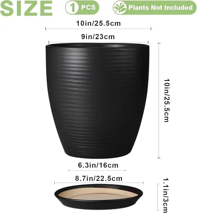 Ceramic Plant Pot 10 Inch - Large Planter Pots for Plants Indoor Outdoor Glazed Round Flower Pot with Drainage Hole and Saucer Black by GreenHaven Gardens