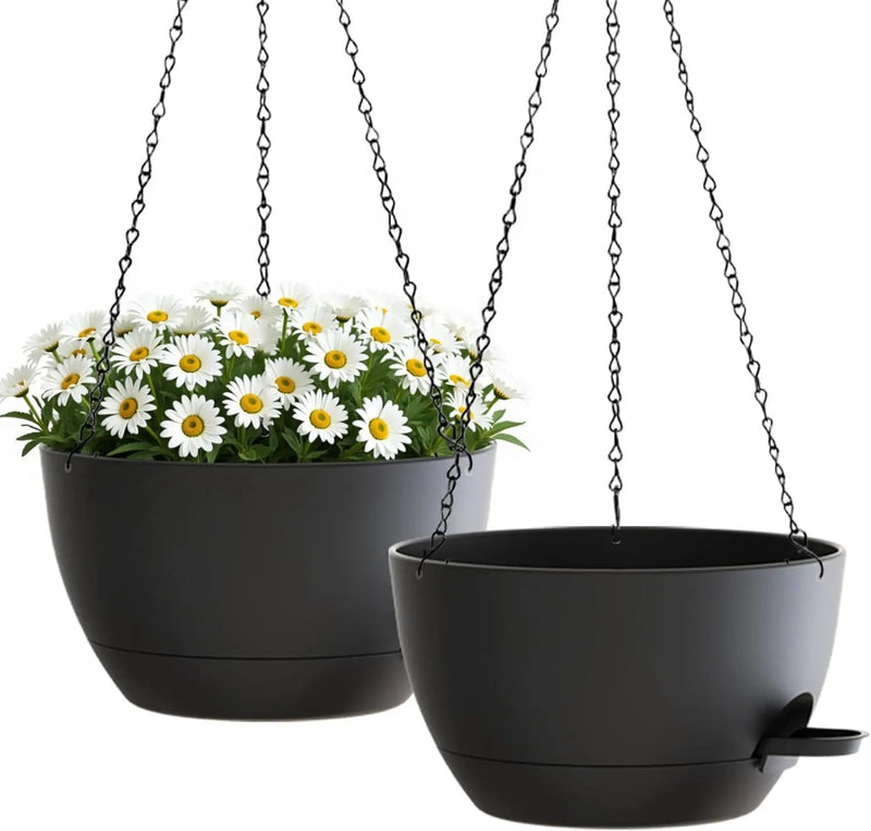 10 Inch Hanging Planters with Chains 2 Pack Self Watering Black Plastic Hanging Pots for Indoor Outdoor Plants, Garden Porch Home Decor (Black) by GreenHaven Gardens