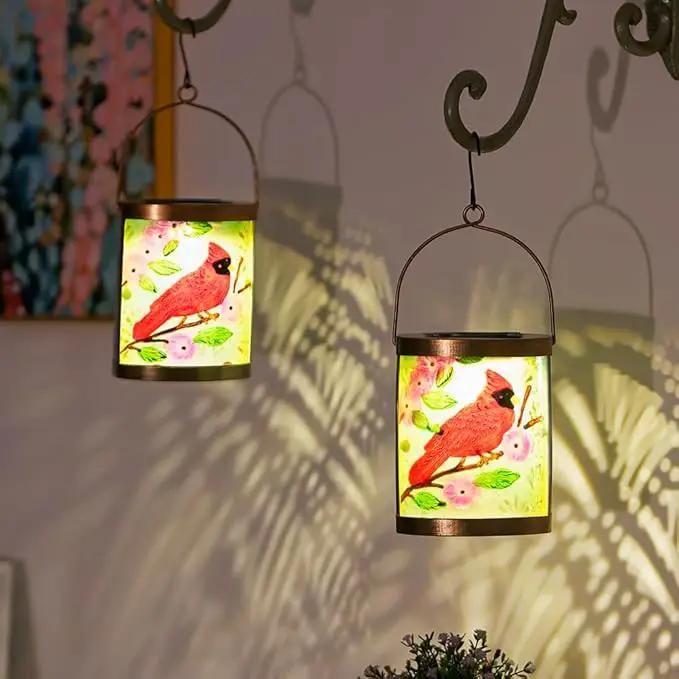 Starsoul 2 Pack Hanging Solar Lantern Outdoor Waterproof Glass Red Cardinal Decorative Solar Lights for Outside Garden Yard Table Patio Decor Cardinal Gifts by GreenHaven Gardens