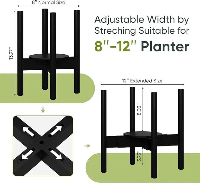 Adjustable Plant Stand, Bamboo Plant Stand Indoor with Tray, Wood Plant Stand for 8 to 12 inches Flower Pots, Single Mid Century Modern Plant Stand for Indoor Plants, Black by GreenHaven Gardens
