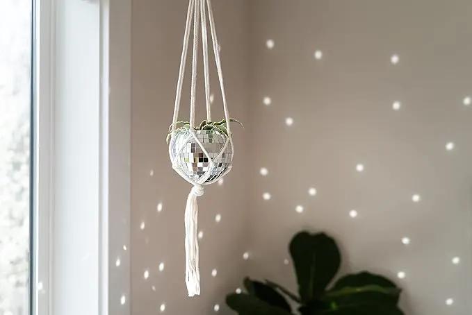Hanging Disco Ball Planter 8" - with Acrylic Stand and Macrame Plant Hanger - Home Décor, Room Décor, Patio or Boho Décor, Mirror Disco Planter, Disco Decor (4" Mini with Base) by GreenHaven Gardens
