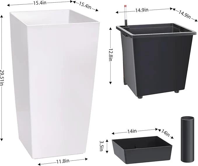 30" Tall Planters Set of 2, Outdoor＆Indoor Black Planter Pots, High Front Porch Planter Pots with Drainage Holes＆Water Level Monitor Movable Wheels ＆Inner Bucket, Automatic Watering, White by GreenHaven Gardens
