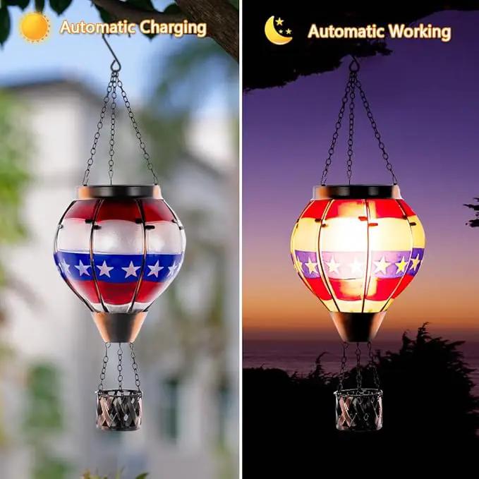 DREAMSOUL Flag Hot Air Balloon Solar Lantern, Glass Solar Lantern with Flickering Flame, Hanging Waterproof Solar Lanterns Outdoor Flag Day for Patio Decor, Fourth of July Decorations Christmas Gifts by GreenHaven Gardens