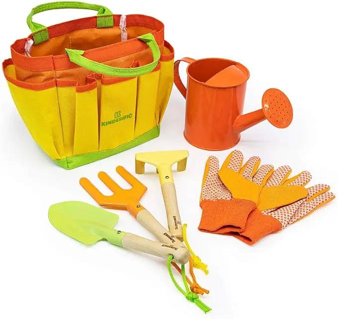 Gardening Set, Tool Kit, for Kids, STEM, Includes Tote Bag, Spade, Watering Can, Rake, Fork, Trowel and Gloves (Sunshine) by GreenHaven Gardens