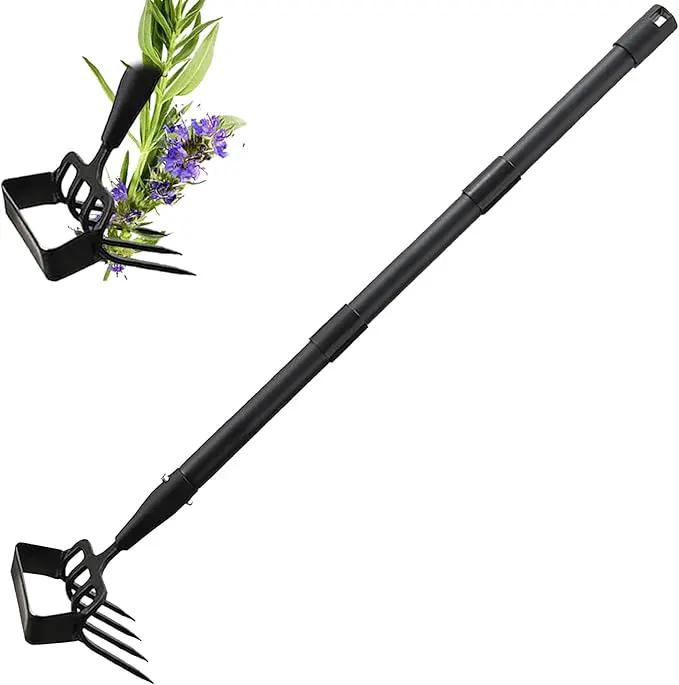 INFLATION Stirrup Hand Hula Hoe Heavy Duty Metal Gardening Weed Puller Tool 4 Tines Prong 2-in-1 Herb Stripper Yard Rake for Women Kids Men Garden Grandpas Weeder 32-62 inch Long Adjustable Handle by GreenHaven Gardens