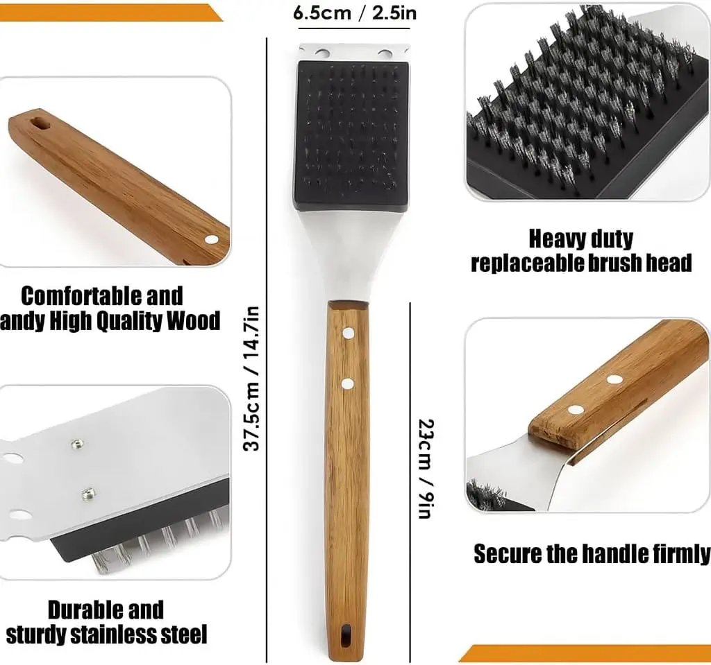 Blue Smoke Grill Brush and Scraper – Heavy Duty BBQ Cleaner with Stainless Steel Bristles, Solid Wooden Handle & Leather Strap – Barbecue Cleaning Tool for Gas, Charcoal, Smoker & Grill Grates by GreenHaven Gardens