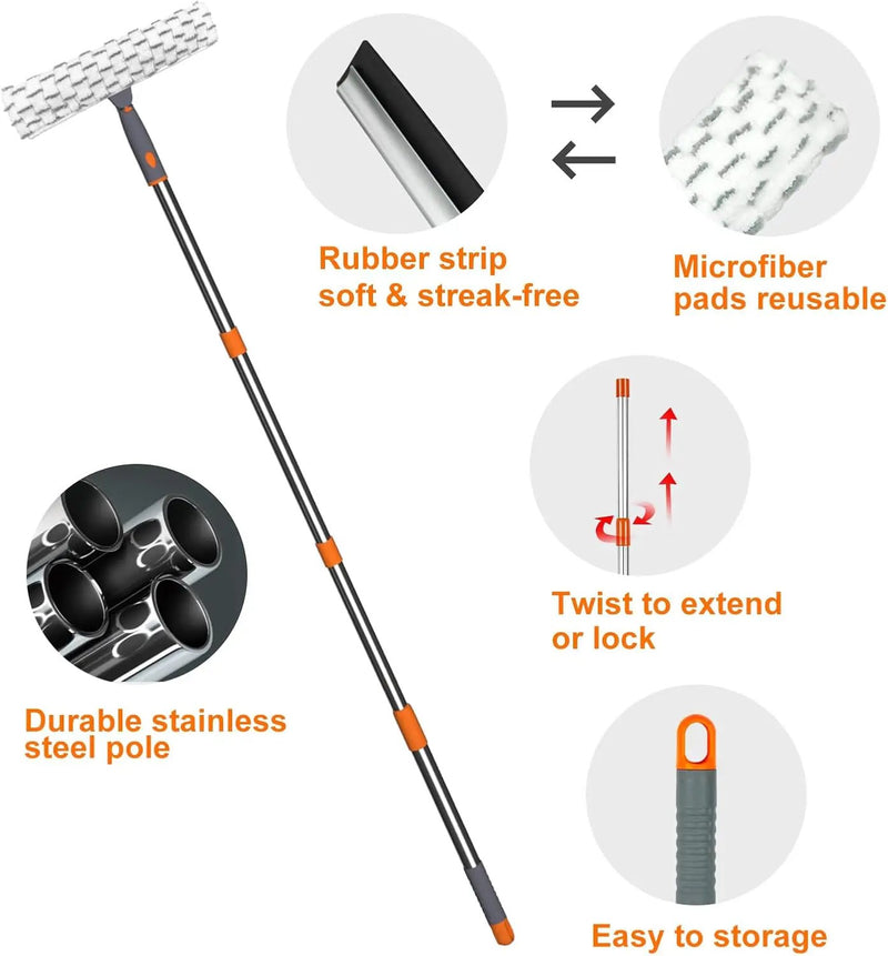 ITTAHO Squeegee for Window Cleaning,12" Squeegee and 11" Microfiber Scrubber Combi with Stainless Steel Pole,Extendable Window Cleaner for Car,Sliding Door,Shower Glass Door-Swivel Style-2 Pads by GreenHaven Gardens