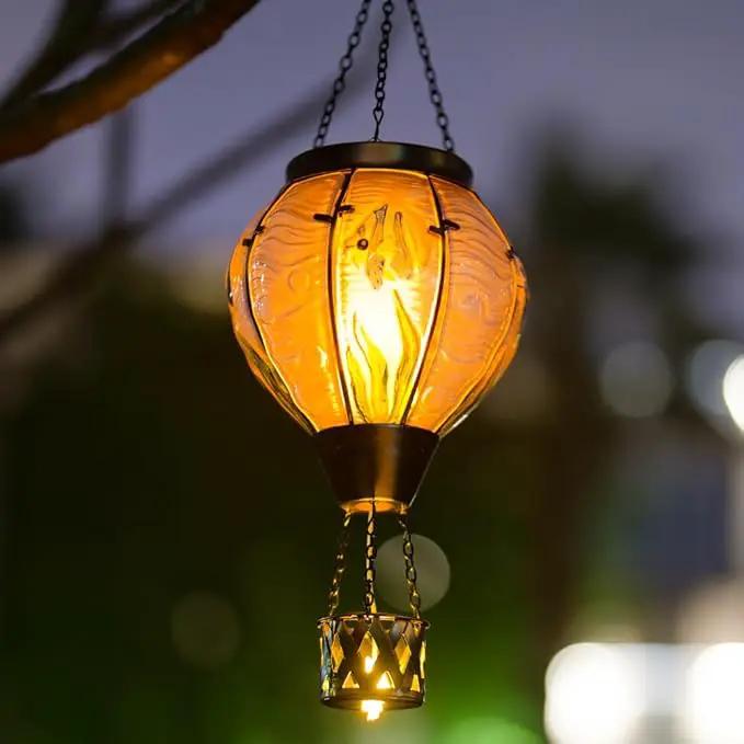 Blue Fish Hot Air Balloon Solar Lantern with Flickering Flame Light,Glass Hanging Solar Lanterns Outdoor Waterproof,Hot Air Balloon Decorative Lights for Patio Yard Porch Garden Gift for Women by GreenHaven Gardens