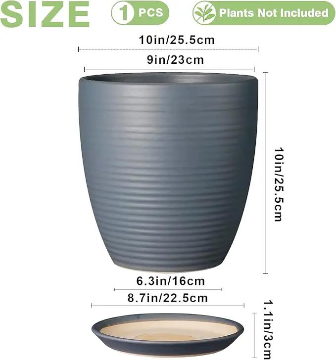 10 Inch Ceramic Planter Round Plant Pots for Plants Indoor Outdoor Glaze Large Flower Pot with Drainage Hole and Saucer Gray by GreenHaven Gardens
