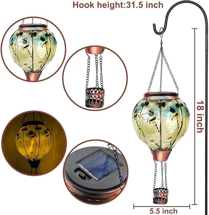 2PCS Solar Hot Air Balloon Lanterns with Flame with Shepherd's Hooks, Glass Hanging Flickering Lights Outdoor Waterproof for Garden Tree Yard Patio Mother's Day Gift, 18" H Bee by GreenHaven Gardens