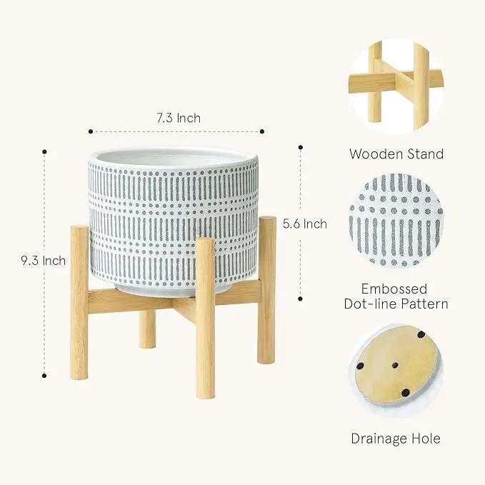 LA JOLIE MUSE Ceramic Plant Pot with Wood Stand - 7.3 Inch Modern Round Decorative Flower Pot Indoor with Wood Planter Holder, Slate Blue and White by GreenHaven Gardens