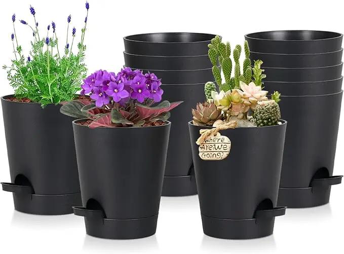 12 Pack 4 Inch Self Watering Plant Pots with Drainage and Saucers，Plastic Flower Pots for Indoor and Outdoor Plants, Nursery Planters for Houseplants and Herbs Black, 4 inch 12pcs by GreenHaven Gardens