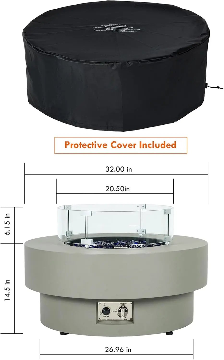 32.5-inch Outdoor Gas Fire Pit with 20lb Propane Tank Cover Table & Wind Glass Shield,50,000BTU Propane Gas Fire Pits for Outside Patio w/Round Burner Lid, Glass Rocks by GreenHaven Gardens