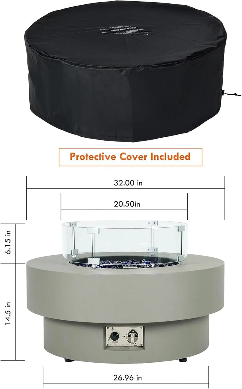 32.5-inch Outdoor Gas Fire Pit with 20lb Propane Tank Cover Table & Wind Glass Shield,50,000BTU Propane Gas Fire Pits for Outside Patio w/Round Burner Lid, Glass Rocks by GreenHaven Gardens
