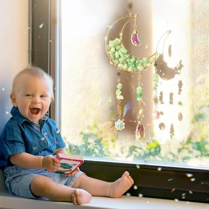 Crystal Suncatcher Hanging Moon Sun Light Catcher with Glass Prisms for Window Natural Green Quartz Decor Home Indoor Making Rainbows by GreenHaven Gardens