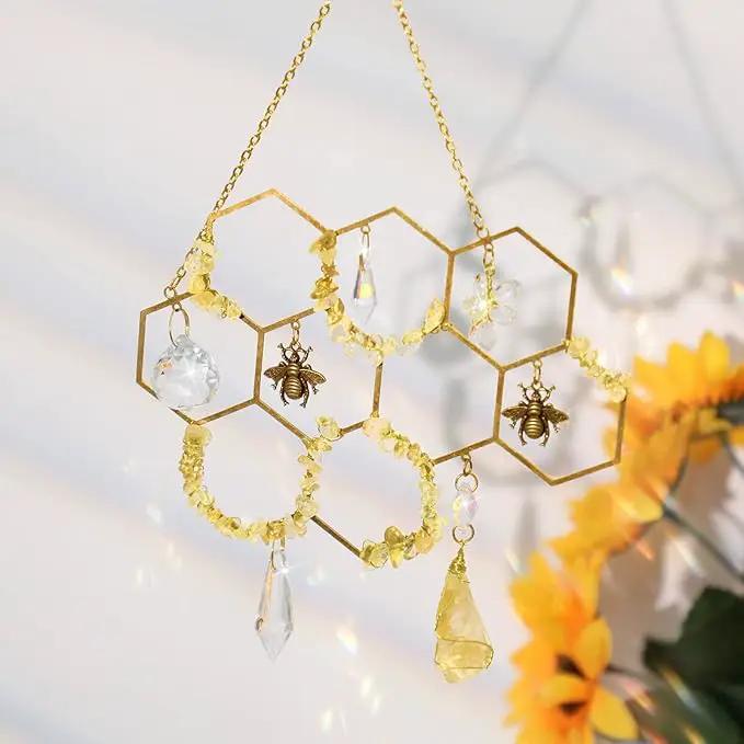 Tuitessine Crystals Suncatcher Window Hanging Bumble Bee Decor Honeycomb Light with Crystal Glass Prisms Hive for Home Indoor Outdoor Catcher Garden Ornament Christmas Birthday Gift Ideas by GreenHaven Gardens
