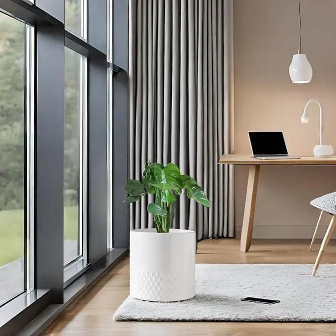 Docrin Ceramic Planters Indoor: 8 Inch Plant Pots with Drainage Holes for Home/Office - White Honeycomb by GreenHaven Gardens