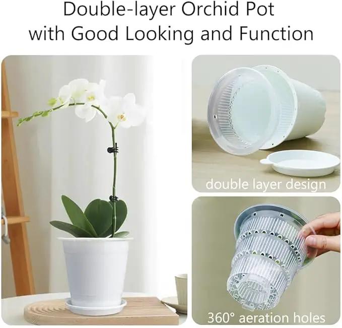 4 inch Clear Orchid Pots with Holes Match White Plastic Orchid Planter,Set of 2,Double Layer Plant Nursery Pots Own Scientific Controlling Roots Technology by GreenHaven Gardens