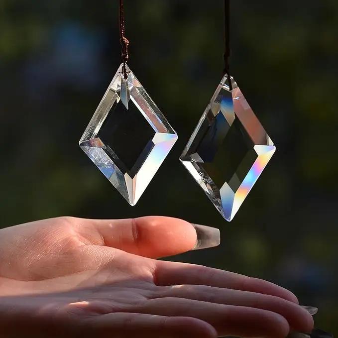 2PCS Clear Rhombus Crystal Sun Catcher Prisms, STINO Hanging Suncatchers with Glass Prism, Rainbow Maker for Windows, Balcony, Kitchen, Garden Decoration (1, Rhombus Clear 2Pcs) by GreenHaven Gardens