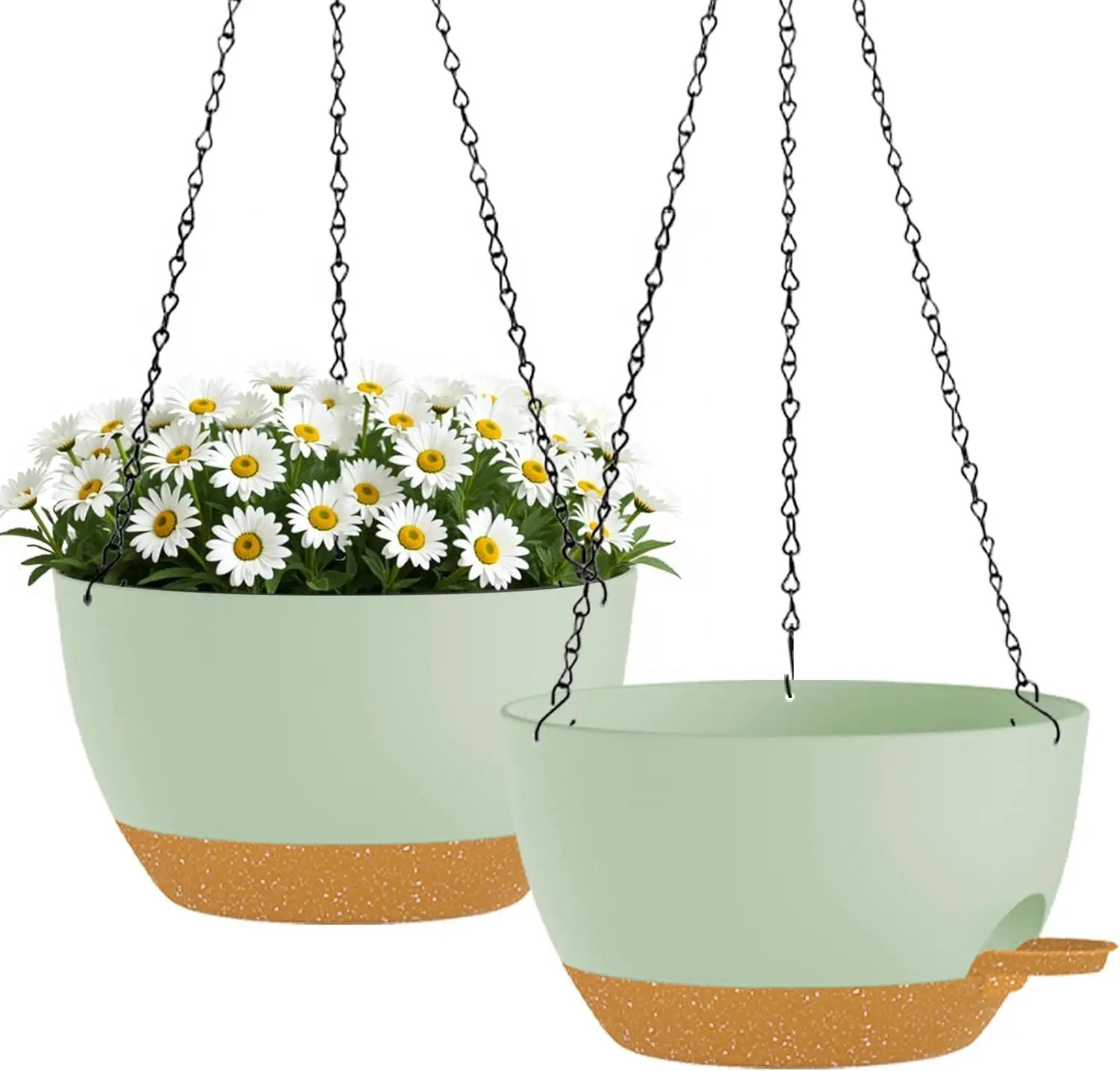 10 Inch Hanging Planters with Chains 2 Pack Self Watering Green Brown Plastic Hanging Pots for Indoor Outdoor Plants, Garden Porch Home Decor (Green Brown) by GreenHaven Gardens