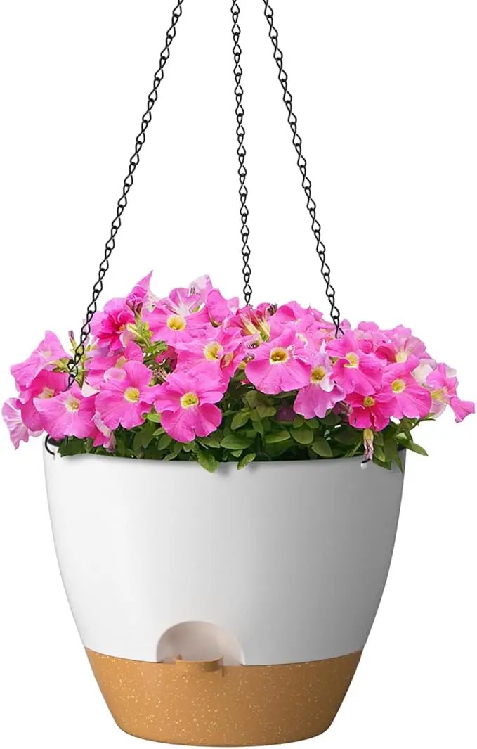 ZMTECH 12 Inch Hanging Planters for Indoor Outdoor Plants, 1 Pack Self Watering Hanging Plant Pots with Drainage Holes and Removable Saucer, Plastic Flower Hanging Pots with Watering Lip (White) by GreenHaven Gardens