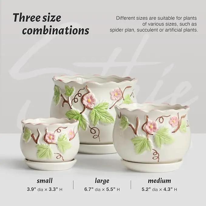 Ceramic Plant Pots with Drainage Holes and Saucers, Round Flower Pots for Indoor Plant, 3.9/5.2/6.7 Inches Small Flower Planters Set of 3 by GreenHaven Gardens