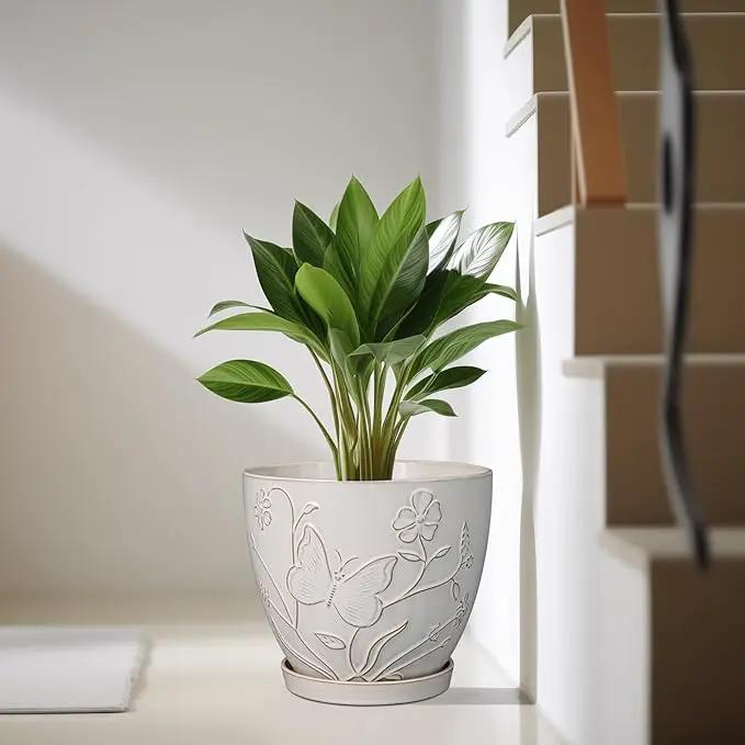 10 Inch Plant Pot Ceramic Planter Pot with Drainage Hole and Saucer Round Planter Large Flower Pot for Indoor Outdoor Plants Home Garden Decor White by GreenHaven Gardens