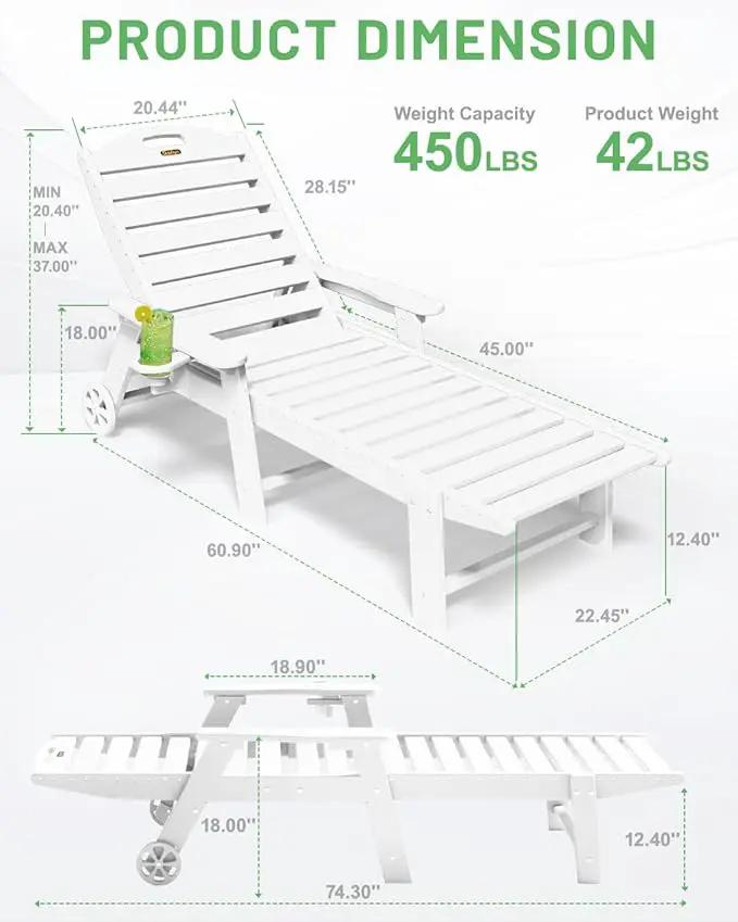 Lounge Chair Outdoor Set of 4 with Wheels, Adjustable 6-Position Chaise Lounge Outdoor, Patio Lounge Chair for Poolside Backyard, White by GreenHaven Gardens